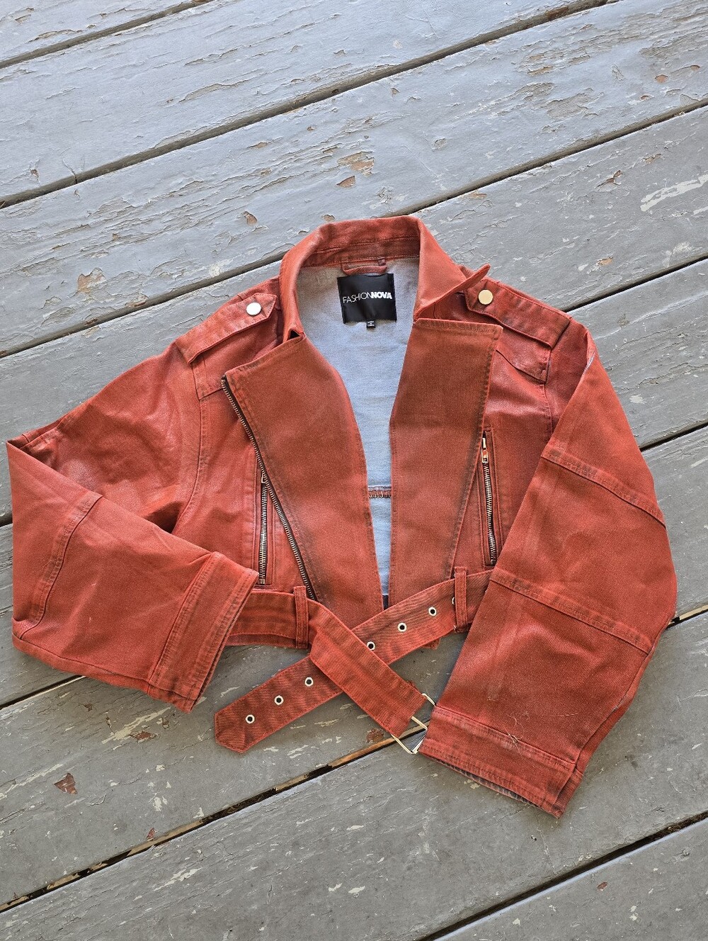SZ XL Burnt Orange Crop Belted Denim Jacket